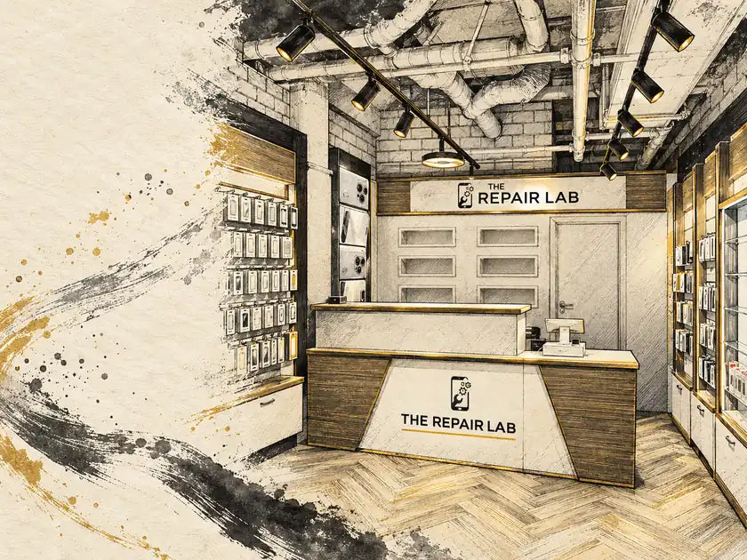 Illustrated repair lab interior